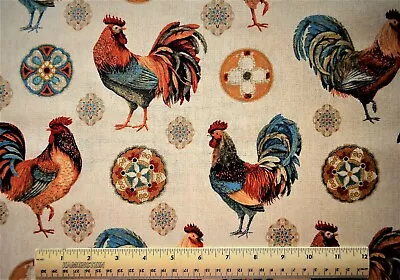 David Textiles Rooster Rainbow Medallions Chickens By The 1/2 Yard Cotton Fabric • $4.99