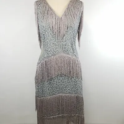 Babeyond Multi Layer Tassel Dress L Gray V-Neck Flapper Gatsby Midi Sequin Beads • $26.88