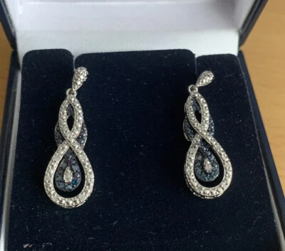 £59.99 • Buy 925 Silver Black & White Genuine Diamond Drop Earrings