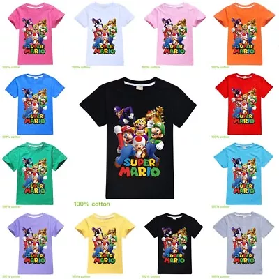 Kids Boys Girls Super Mario Print Casual Short Sleeve Cotton T-shirt Tops Tee UK • £8.99