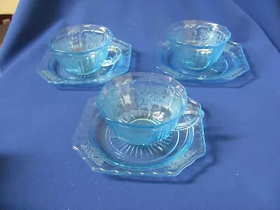 Vintage Depression Glass Hocking Glass Blue Mayfair Open Rose 3 Cups And Saucers • $285