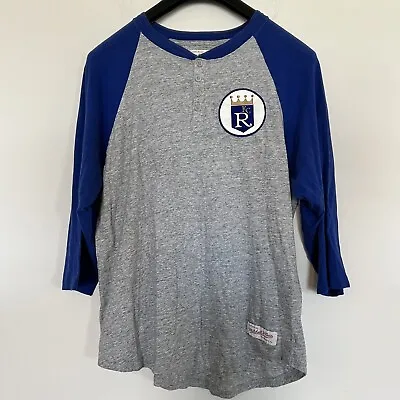 Mitchell & Ness Mens Kansas City Royals Baseball MLB M Henley Shirt Gray Blue • $19