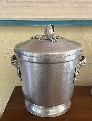 Vintage Hammered Aluminum Art Deco Era Ice Bucket Rose Bud Floral Trim Handles • $39.99