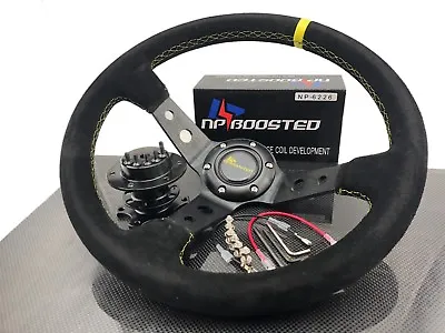 350mm Corsica Deep Dished Suede Leather Steering Wheel 14  Yellow Stitch Hub Kit • $99.95