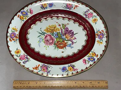 Vintage Burgandy & Flower Daher Decorated Ware Oval Tin Metal Dish Tray • $14.38