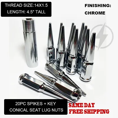 FIT RAM 1500 2012-19 SPIKE LUG NUT 4.5’’ 14x1.5 CONICAL SEAT CHROME 20PC+KEY • $44.49