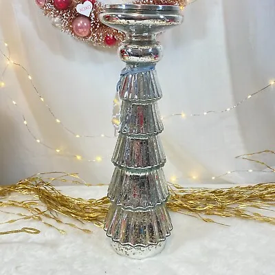 14  Tall Silver Mercury Glass Pillar Candle Holder Tired Tree Like Holiday • $39.99