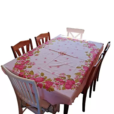 Vintage Tablecloth Pink Floral Fruits Oval Kitchen 40  X 30  Mid Century READ • $24.99