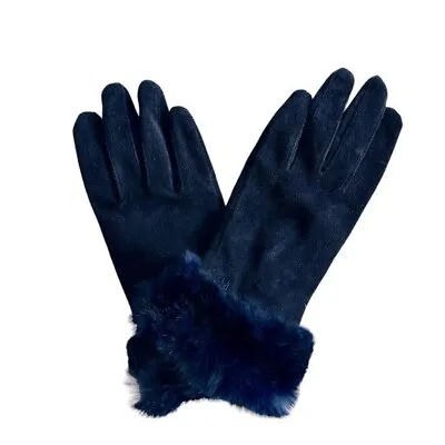 RALPH LAUREN Gloves Size Small Blue Rabbit Fur Furry Cuff Black Leather Shell • $55.95