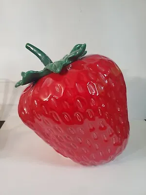 VTG Holiday Designs Tilting Strawberry Cookie Jar Red W Green Stem Lid USA • $57