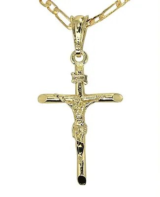 14k Gold Plated Crucifix Pendant 20  Figaro Chain Men Women Necklace • $10.95