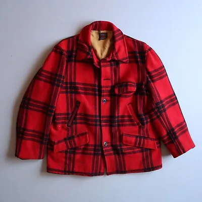 Vtg 50s 60s Red Black Plaid Coat Wool Mackinaw Hunting Jacket Mens Large Sears • $125