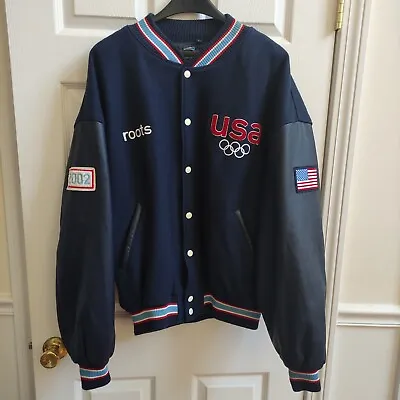 $300 • Buy Roots 2002 USA Olympic Team Varsity Bomber Jacket Men 3XL Wool Leather Navy