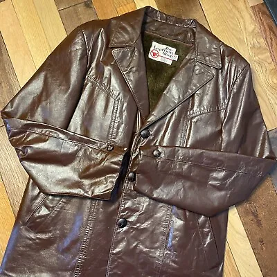 Vintage 70s Sears Leather Jacket Trench Car Coat Vtg Retro Disco Mod 42 & Tall • $49.99