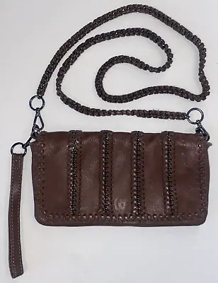 Linea Pelle Faux Leather Brown Handbag Shoulder Strap And Wristlet Metal Accents • $15