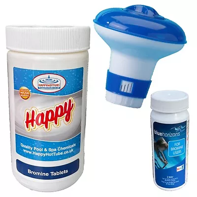 £34.99 • Buy 1kg Happy Bromine Tablets, Test Strips & Dispenser  Hot Tub Starter Kit Tubs Spa
