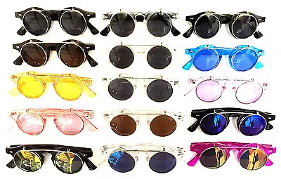 Round Flip Up Sunglasses Clear Circle Lens Retro Steampunk Designer Fashion Vtg • $8.95