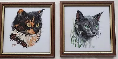 Pair Of Cat Cross Stitch Animal Needlepoint Tapestry Finished Framed • £34.99