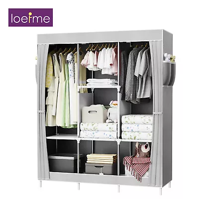 Triple Canvas Fabric Wardrobe W/Hanging Rail Shelving Clothes Storage Cupboard • £16.49