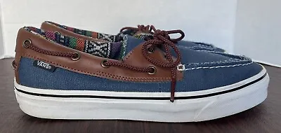 Vans Zapato Del Barco Boat Shoes Blue Canvas Brown Leather Mens 9.5 • $29.99