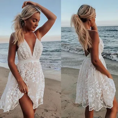 Women's Bikini Cover Up Lace V Neck Beach Sexy Mini Dress Swimwear Backless SIZE • £11.99