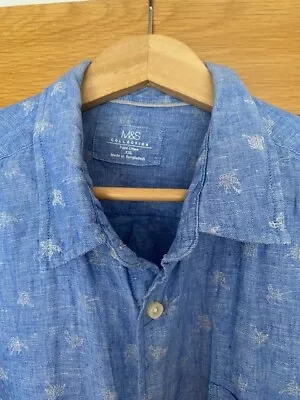 M&S Collection Pure Linen Vintage Style Blue Palm Tree Long Sleeve Shirt XXL • £9.99