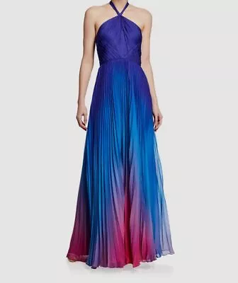 $795 Marchesa Notte Women's Blue Sleeveless Ombre Chiffon Halter Gown Dress 12 • $221.98