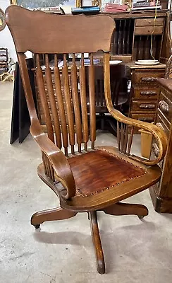 Antique American Golden Oak Roll Top Office Desk Chair Swivels Circa 1920 • $950