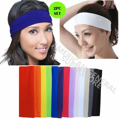 2pc HEADBAND Stretch Sports Yoga Gym Black Hair Band Wrap Sweatband Womens Mens • $2.99