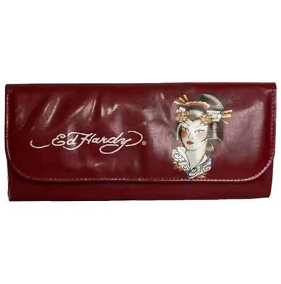 Ed Hardy Geisha Girl Wristlet Clutch Bag Purse 12” Silver Chain Classic Red • $20