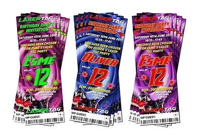 LASER TAG QUEST Ticket Style Birthday Party Invitations X4 Pink Green Or Red • £2.85