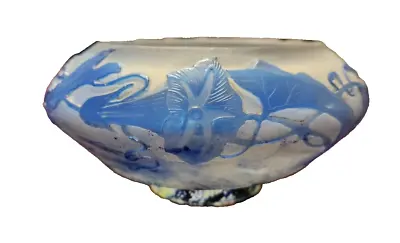 EMILE GALLE BOWL White Glass With Blue Overlay With Gentians Circa 1900 • £2217.03