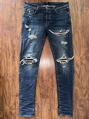 Amiri MX1 Leather Patch Jeans Deep Classic Indigo Size 36 Authentic • $800