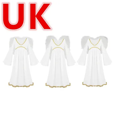 UK Girl's Angel Dress With Feather Wings 2-Piece Cosplay Outfits Fancy Dress-up • £8.18