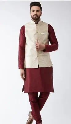 Sojanya Men's Silk Blend Maroon Kurta Pyjama & Beige Nehru Jacket Set - Size 44 • £39.99