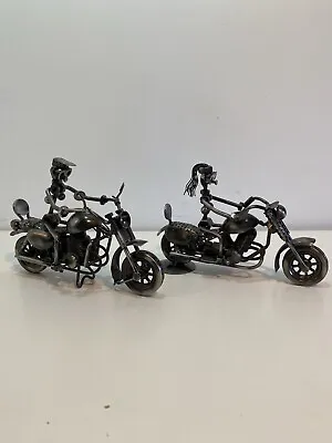 Pair Of Metal Welded Recycled Nuts & Bolts Motorcycle Man & Woman Figure  • $50