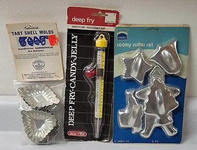 Vtg NEW! Mirro 6pcs Xmas Cookie Cutters Candy Thermometer & Sandbakkelse Tarts • $30