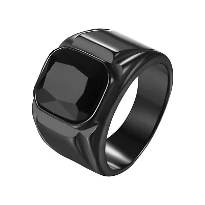 Men's Stainless Steel Black Square Signet Ring Onyx Biker Pinky Band Size 8-13 • $12.87