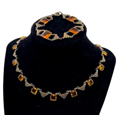 ANTIQUE ART DECO CZECH SET NECKLACE BRACELET EGYPTIAN REVIVAL 1920s CITRINE CLR • $449.99