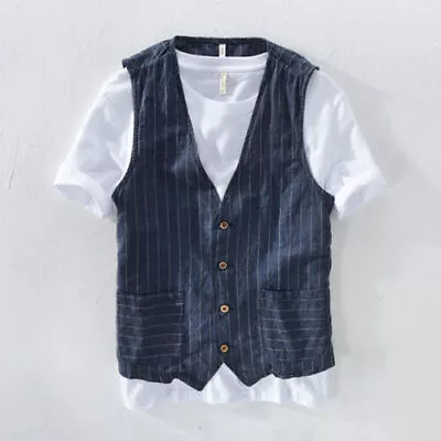 Men's Waistcoat XL Casual Cotton Linen Stripe Vest Jackets Pocket Gilet Tops • $16.52