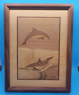 Hudson River Inlay Marquetry Wooden Picture Signed Nelson  Dolphins   • $21.85