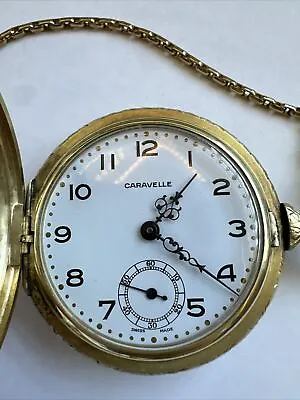 VINTAGE BULOVA CARAVELLE POCKET WATCH  W/CHAIN Engraved See Pictures. • $49.95