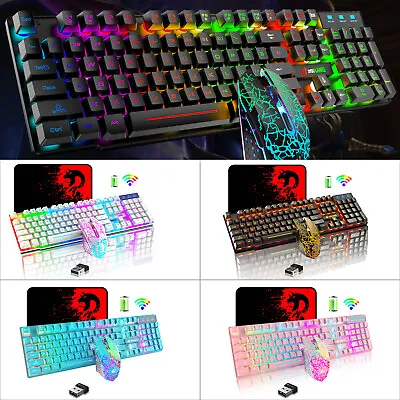 Black Wireless Gaming Keyboard Mouse Combo Rainbow Backlit USB For PC Laptop PS4 • $49