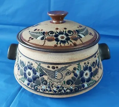 VTG Tonala Folk Art Sandstone Mexican Pottery Soup Tureen Bird & Floral Signed • $55