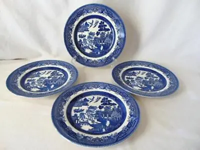 4 Vintage BLUE WILLOW 8  Salad Plates Blue Birds Buildings CHURCHILL ENGLAND • $34.95