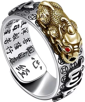 990 Silver Feng Shui Pixiu Adjustable Ring MANI Mantra Protection Wealth Ring US • $47.55
