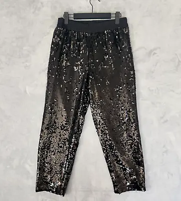 Jcrew Sequin Pants Womens Size 6 Black Stretch Waist Shimmer Sparkle Party Crop • $26.95