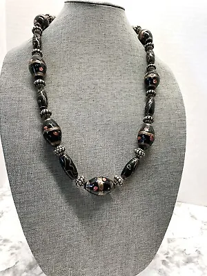 ANTIQUE VENETIAN MURANO MILLEFIORI Black Beaded Inlaid GLASS NECKLACE Trade Bead • $40