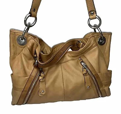 B Makowsky Handbag Leather Hobo Shoulder Bag Purse Tan Front Zippers Satchel • $34.99