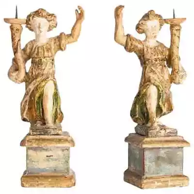 18th C VENETIAN Wood Polychrome Figural Altar Candlestick Prickets • $2600